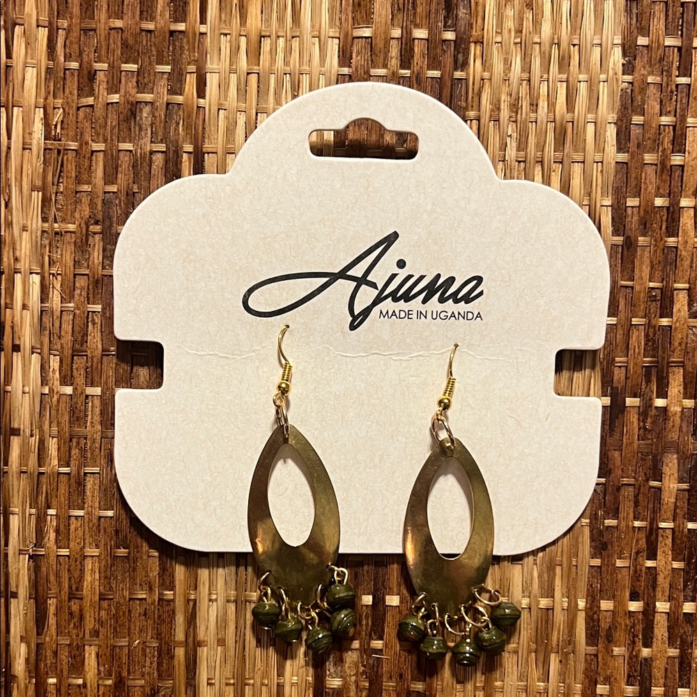 Olive Green Teardrop Dangle Earrings with Gold Accents